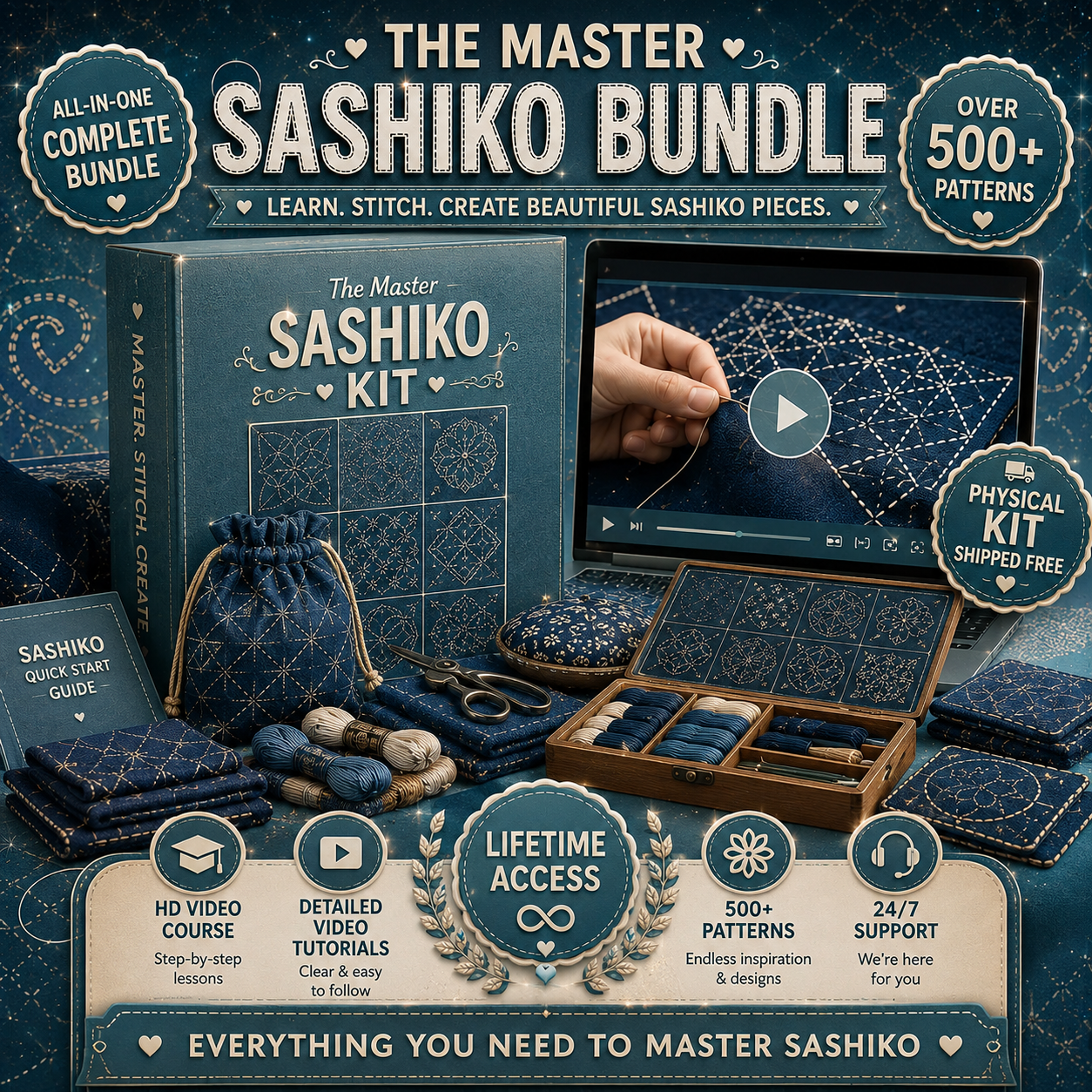 The Master Sashiko Bundle / Physical Kit Shipped Free — HD Video Course — 500+ Patterns — 24/7 Support