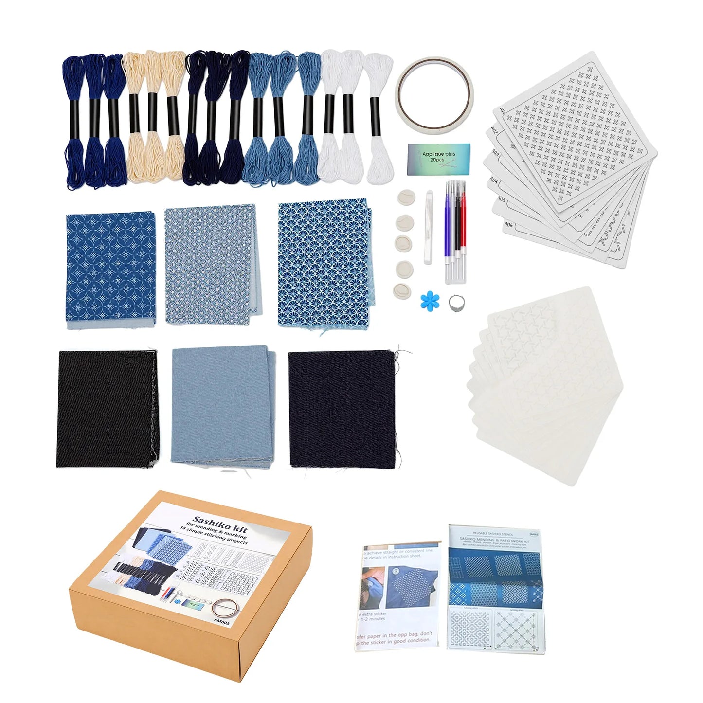 Kit da ricamo adatto per la tecnica Sashiko per principianti, 8 modelli, 6 motivi idrosolubili, 6 tessuti, fili e aghi.