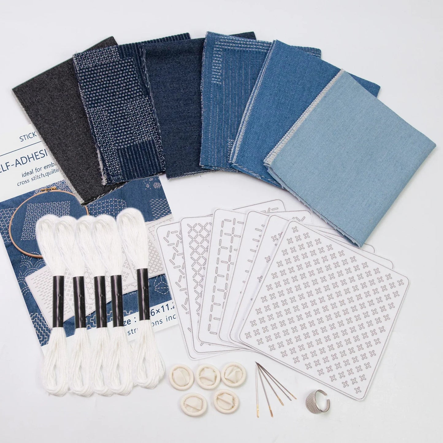 Sashiko Kit: Thread, Needles, Thimbles, and Denim Fabric – Sewing Set with Thimbles for Water-Soluble Embroidery Practice