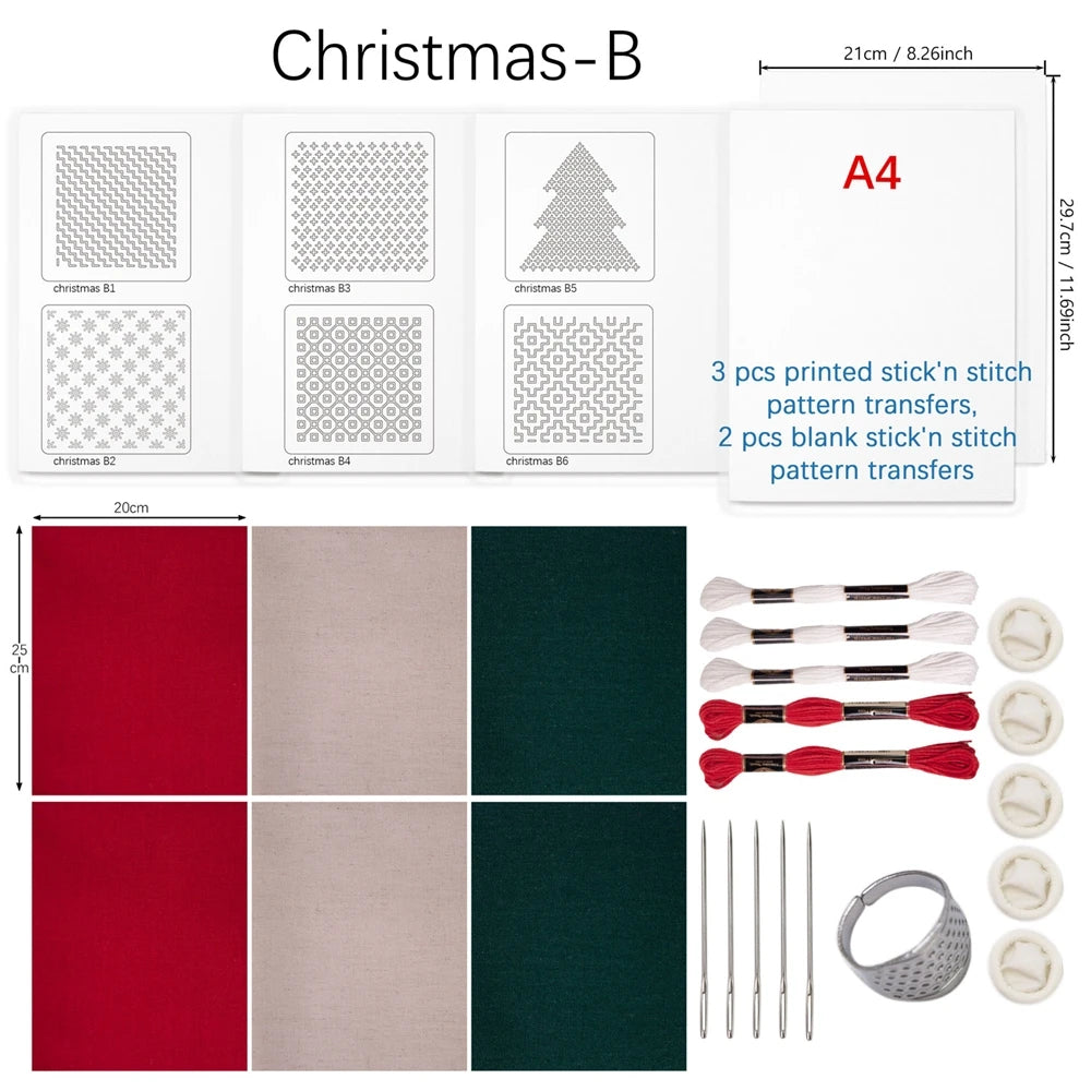 Kit Sashiko per Riparazioni e Patchwork, 5 Pezzi di Carta Idrosolubile Stick'n Stitch, Trasferibili Natalizi per Lavori a Maglia Fai-da-Te per Adulti, Pronta