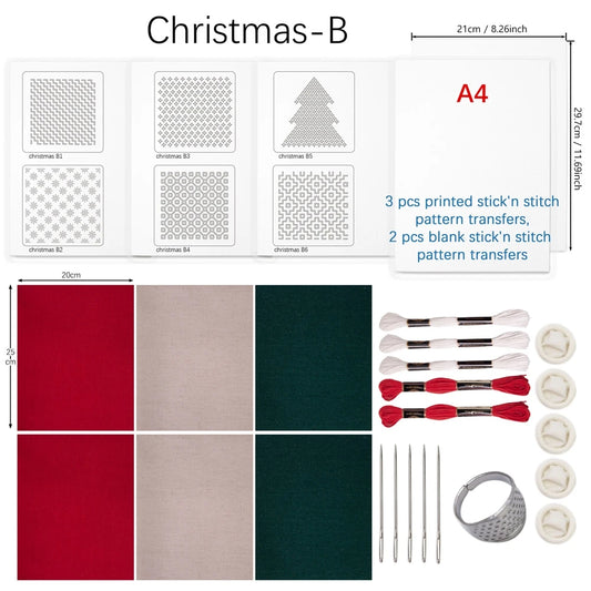 Kit Sashiko per Riparazioni e Patchwork, 5 Pezzi di Carta Idrosolubile Stick'n Stitch, Trasferibili Natalizi per Lavori a Maglia Fai-da-Te per Adulti, Pronta