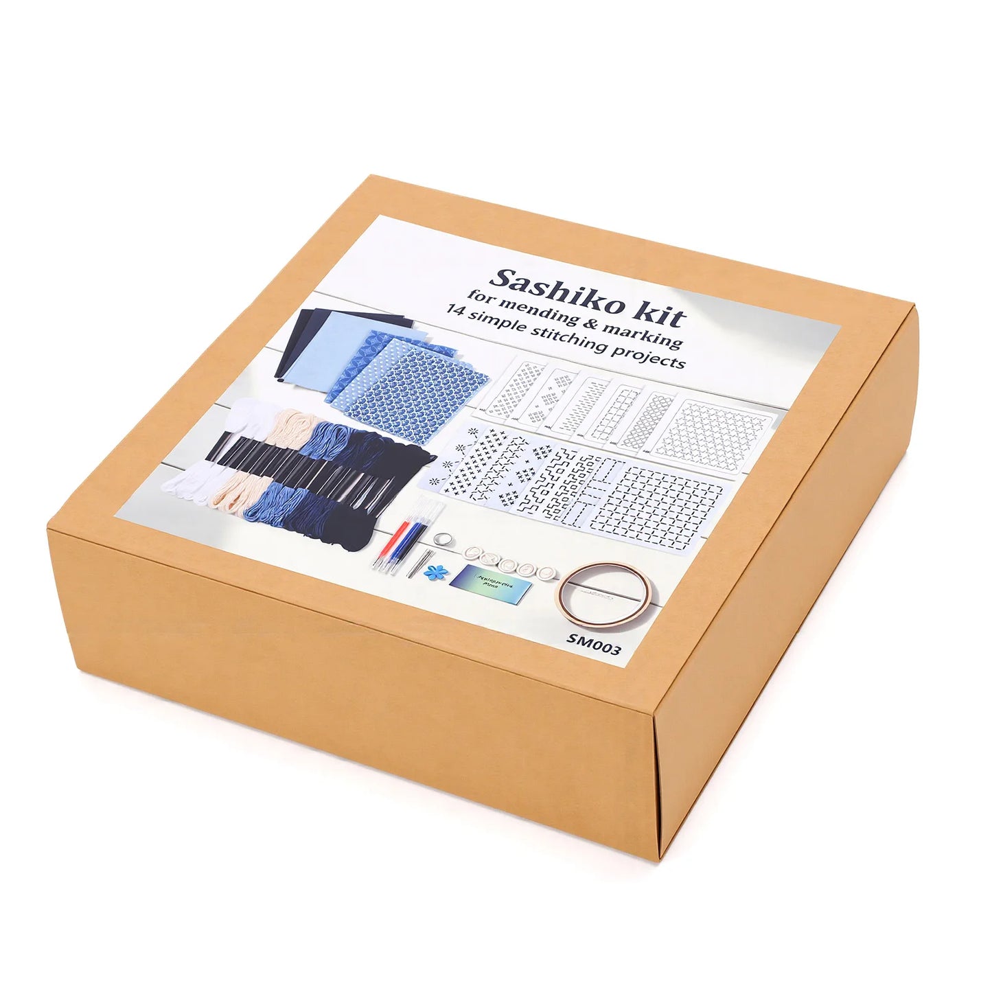 Kit da ricamo adatto per la tecnica Sashiko per principianti, 8 modelli, 6 motivi idrosolubili, 6 tessuti, fili e aghi.