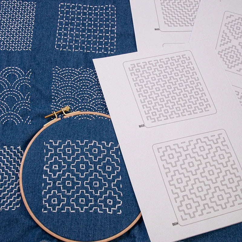 Sashiko Kit: Thread, Needles, Thimbles, and Denim Fabric – Sewing Set with Thimbles for Water-Soluble Embroidery Practice