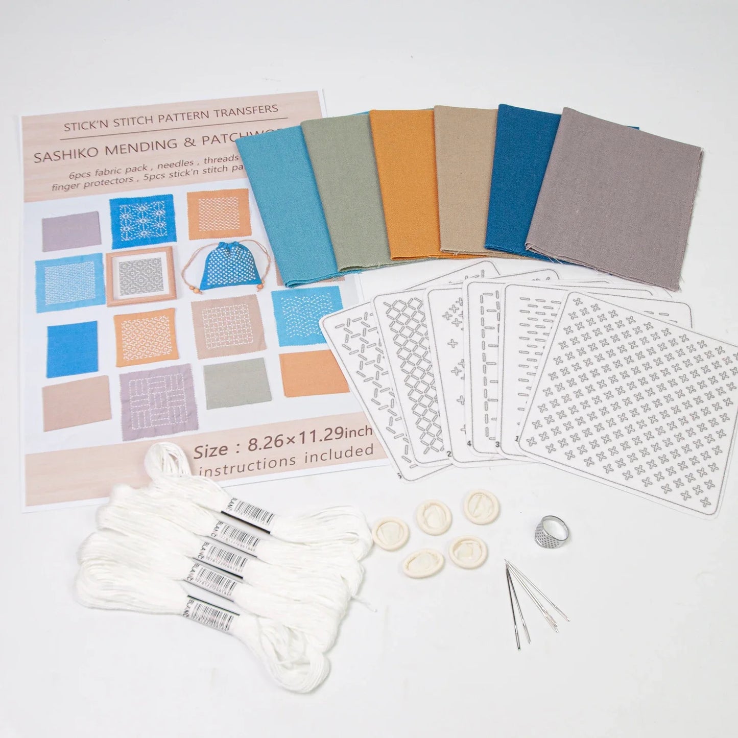 DIY Sashiko Kit, Thread and Needle Set, Sashiko Thimbles, Solid-Color Fabric, Water-Soluble Embroidery Practice Thimbles, Sewing Set