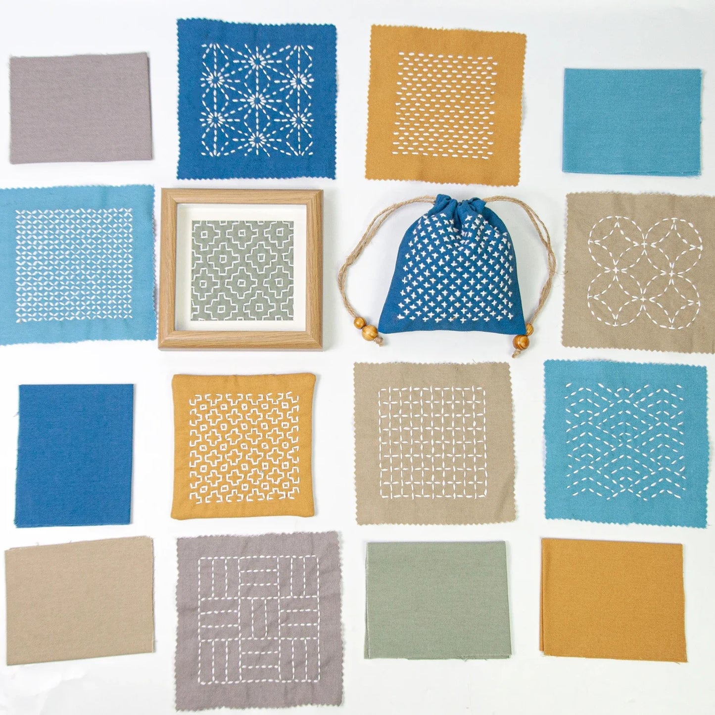 DIY Sashiko Kit, Thread and Needle Set, Sashiko Thimbles, Solid-Color Fabric, Water-Soluble Embroidery Practice Thimbles, Sewing Set