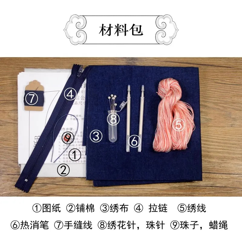 All-in-one Sashiko bag sewing kit; complete beginner's set for making a Chinese-style tote or crossbody bag.