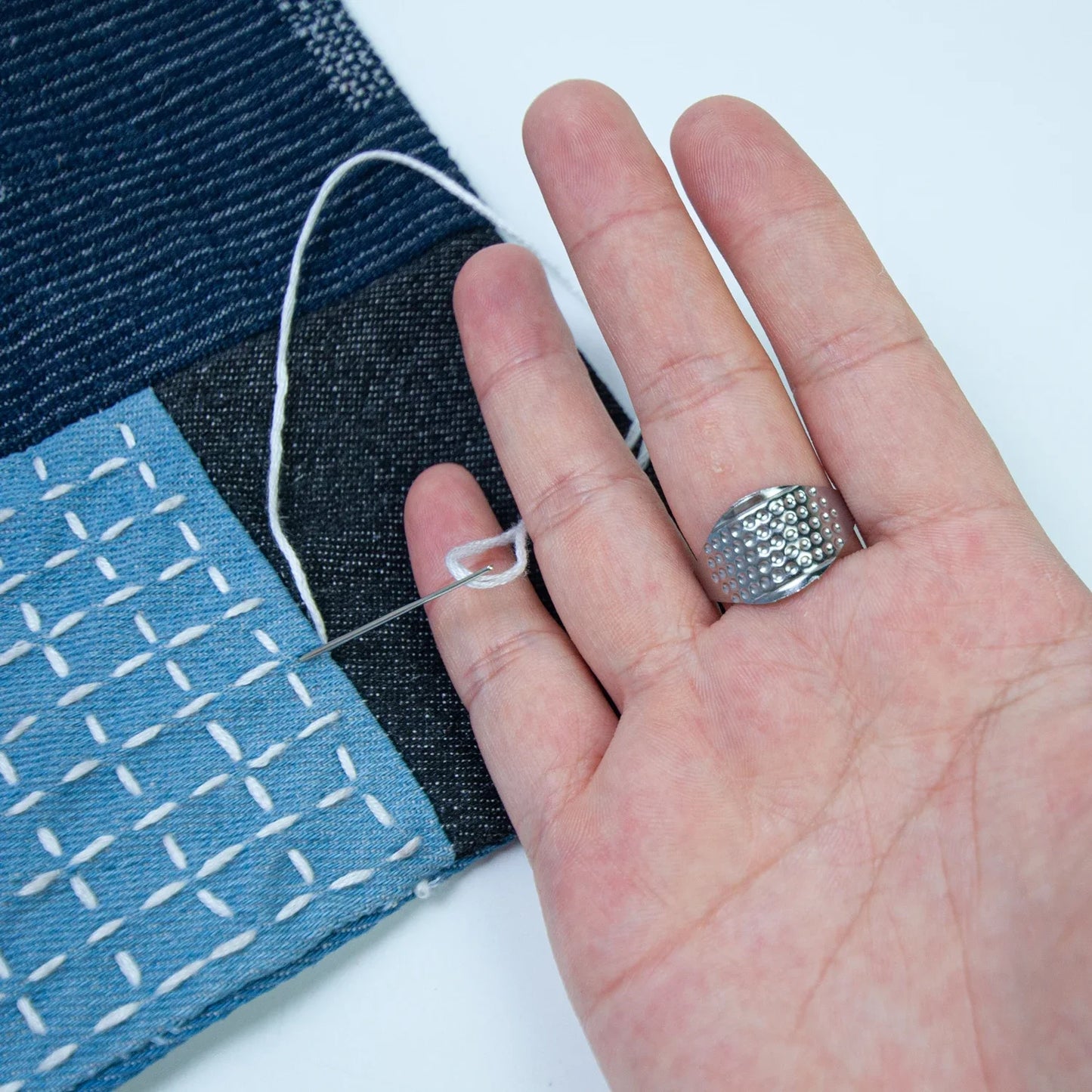 Sashiko Kit: Thread, Needles, Thimbles, and Denim Fabric – Sewing Set with Thimbles for Water-Soluble Embroidery Practice