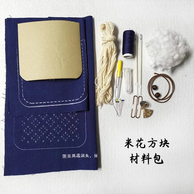 Kit portamonete Sashiko a fiore piccolo – Astuccio portachiavi con ricamo fai-da-te con cornice e tessuto – Kit da cucito per principianti